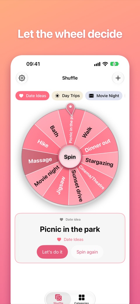Let the wheel decide: a result card showing Picnic in the park
