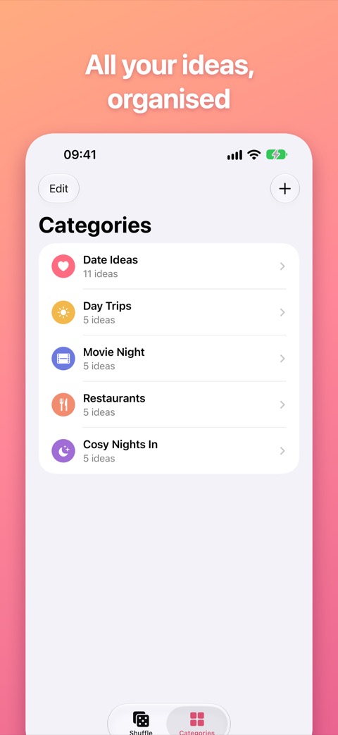 All your ideas, organised: a list of five categories