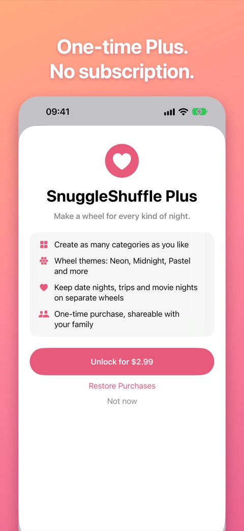 One-time Plus, no subscription: the SnuggleShuffle Plus screen